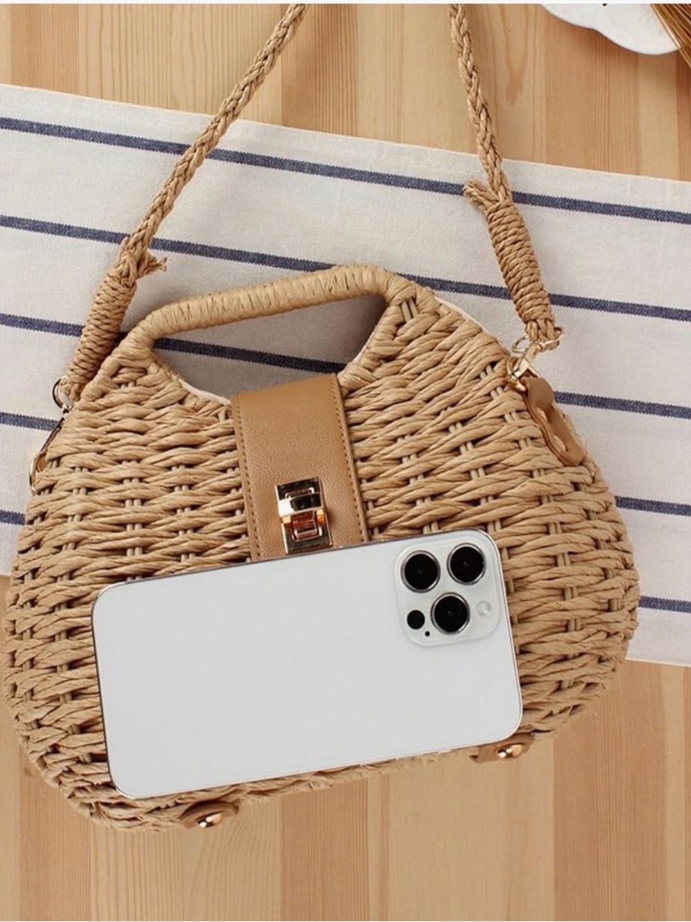 Woven Straw Crossbody Bag Neutral Beach Vacation Summer Purse - New - Picture 5 of 12